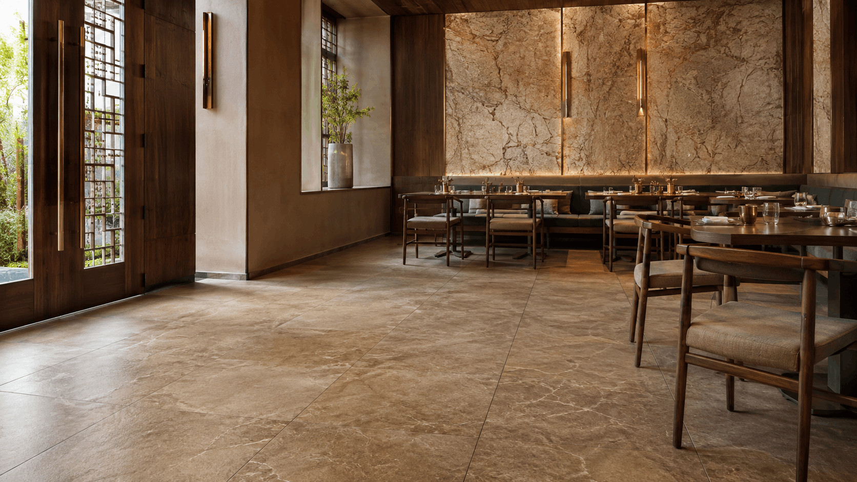 Fine-dining restaurant with large-format stone-look tile flooring, wood dining chairs, and a marble feature wall